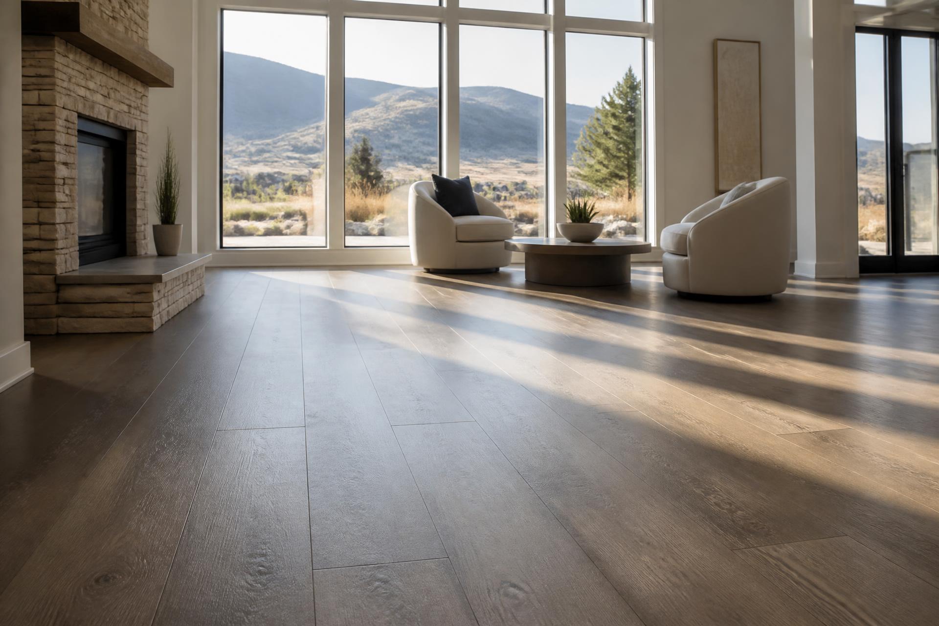 Wide-plank luxury vinyl plank flooring running toward tall windows in a sunlit Treasure Valley living room